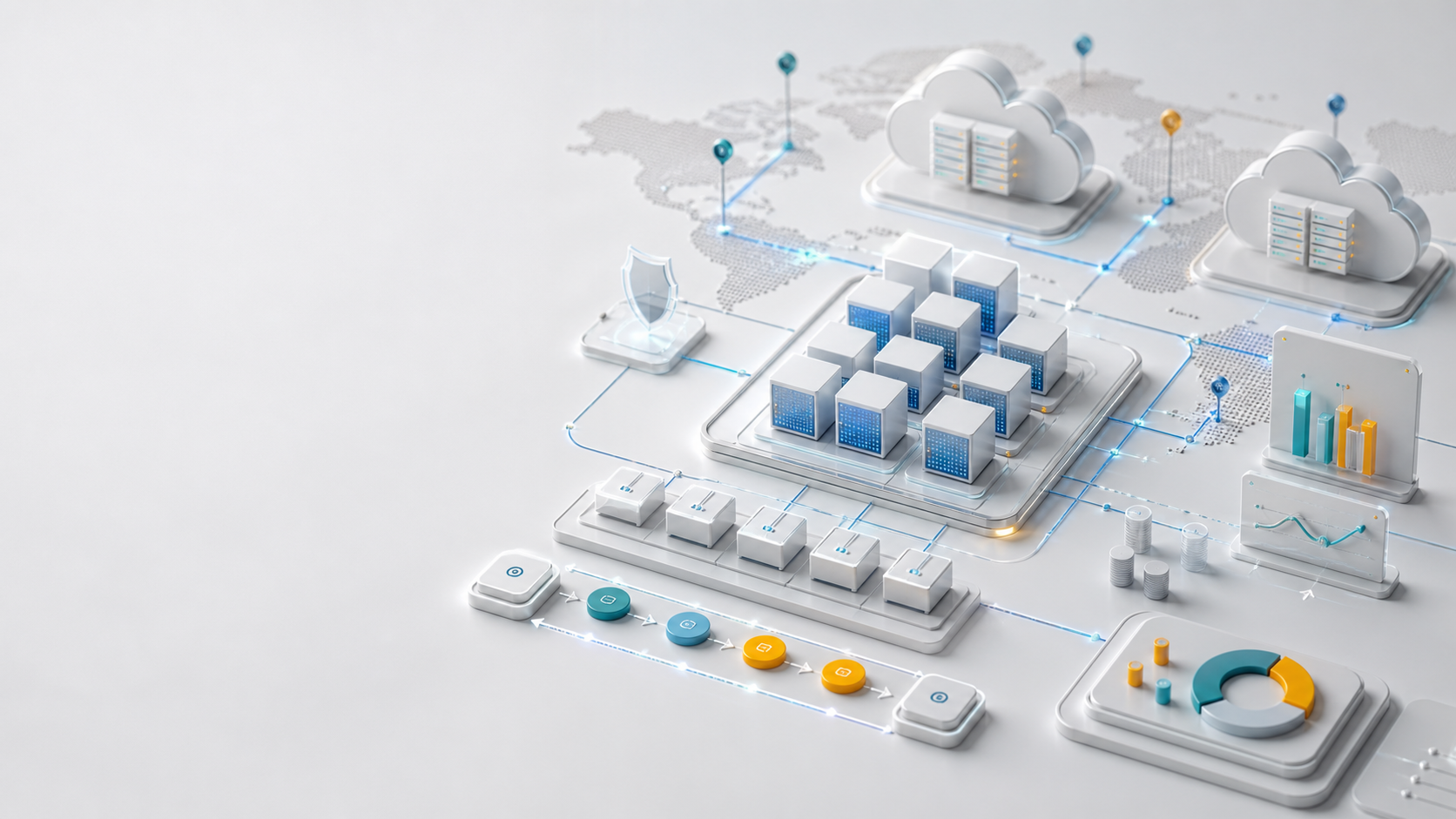 Abstract cloud native infrastructure topology with clustered services, network paths, and operational dashboards